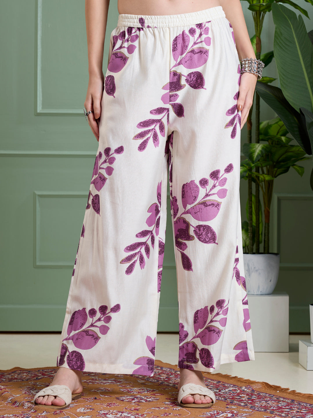 Solid A-Line Kurta with Floral Printed Palazzo - Purple