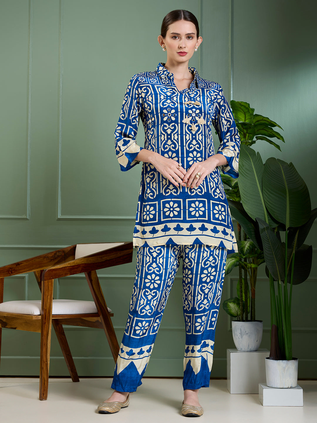 Ethnic Floral Printed Straight Fit Co-ord Set - Blue