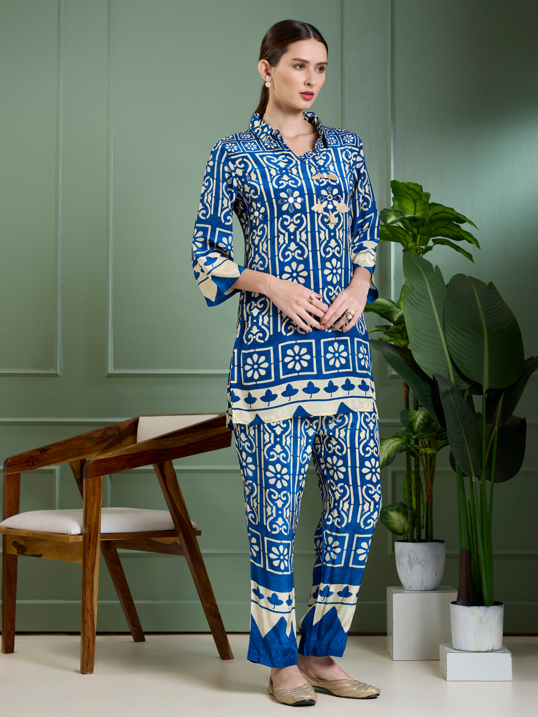 Ethnic Floral Printed Straight Fit Co-ord Set - Blue