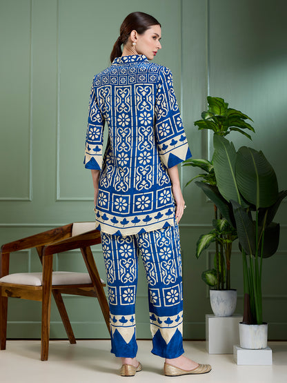 Ethnic Floral Printed Straight Fit Co-ord Set - Blue
