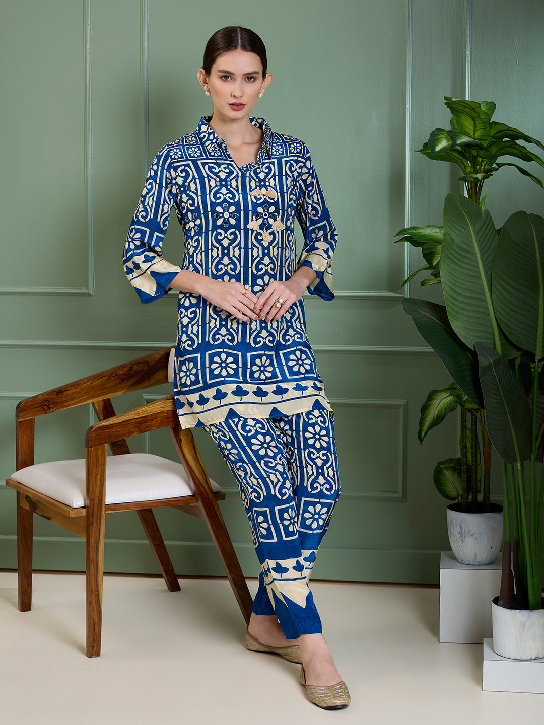 Ethnic Floral Printed Straight Fit Co-ord Set - Blue