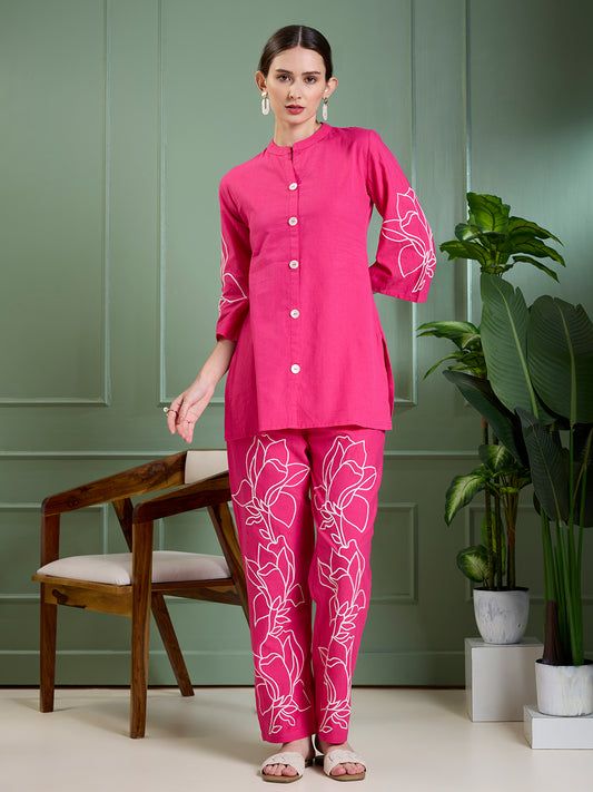 Solid Floral Embroidered Straight Fit Co-ord Set - Rani