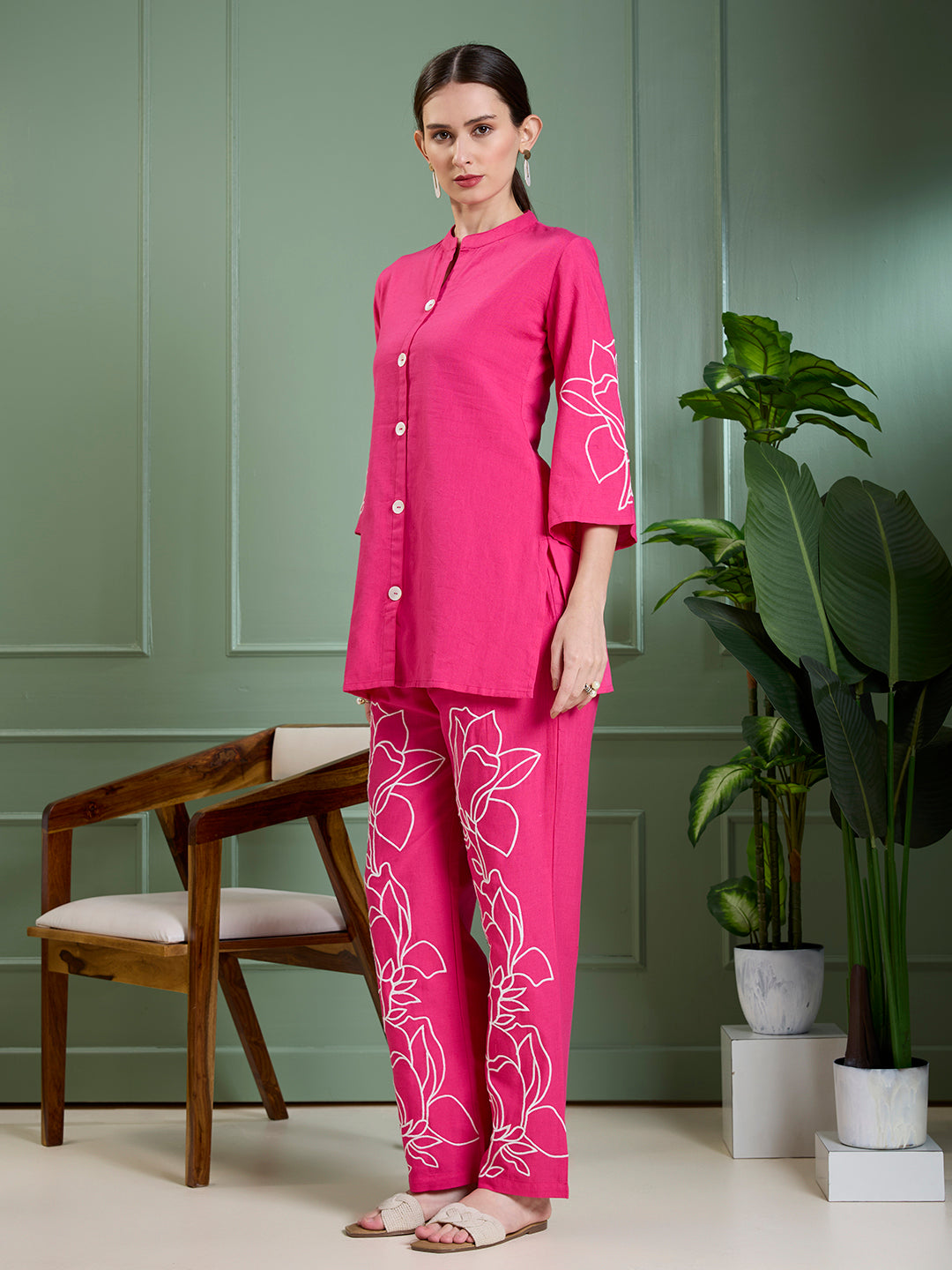 Solid Floral Embroidered Straight Fit Co-ord Set - Rani