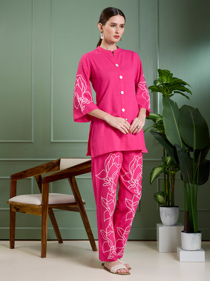Solid Floral Embroidered Straight Fit Co-ord Set - Rani