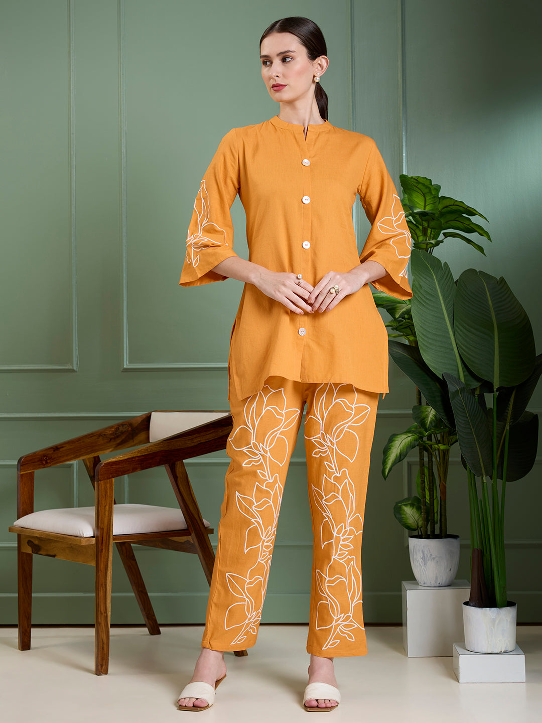 Solid Floral Embroidered Straight Fit Co-ord Set - Orange