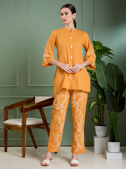 Solid Floral Embroidered Straight Fit Co-ord Set - Orange