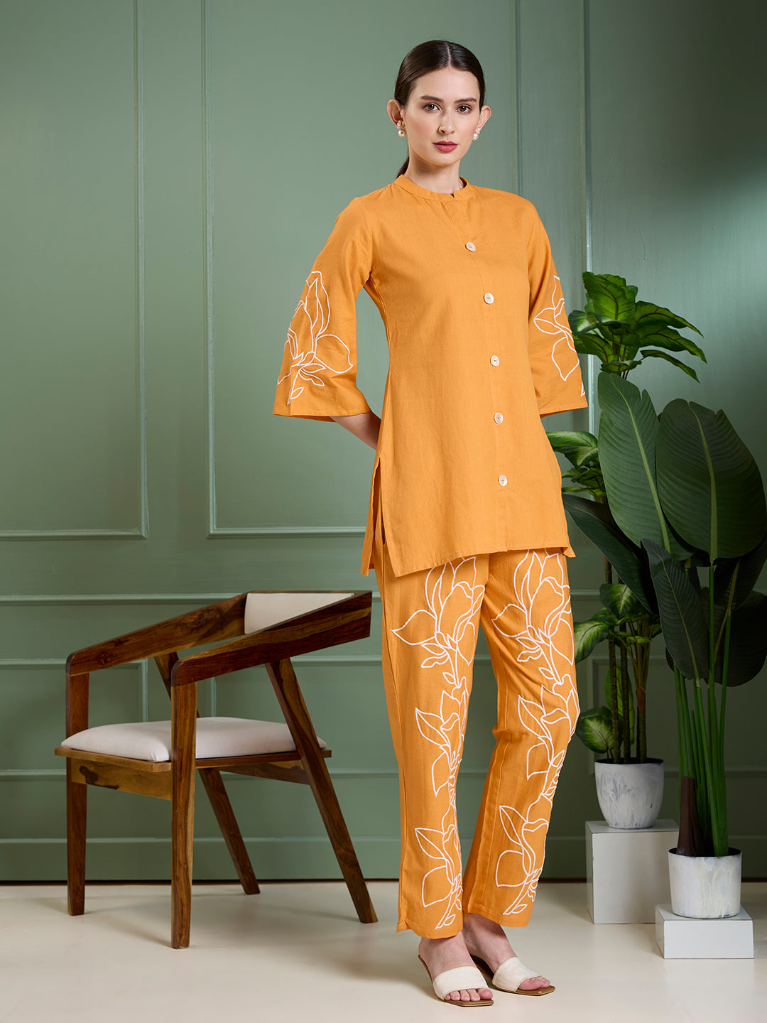 Solid Floral Embroidered Straight Fit Co-ord Set - Orange