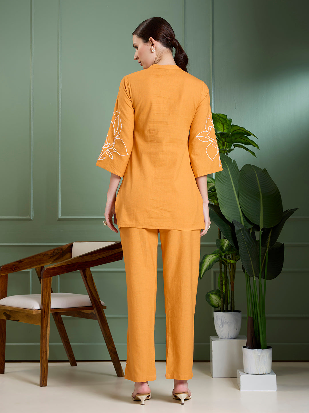 Solid Floral Embroidered Straight Fit Co-ord Set - Orange