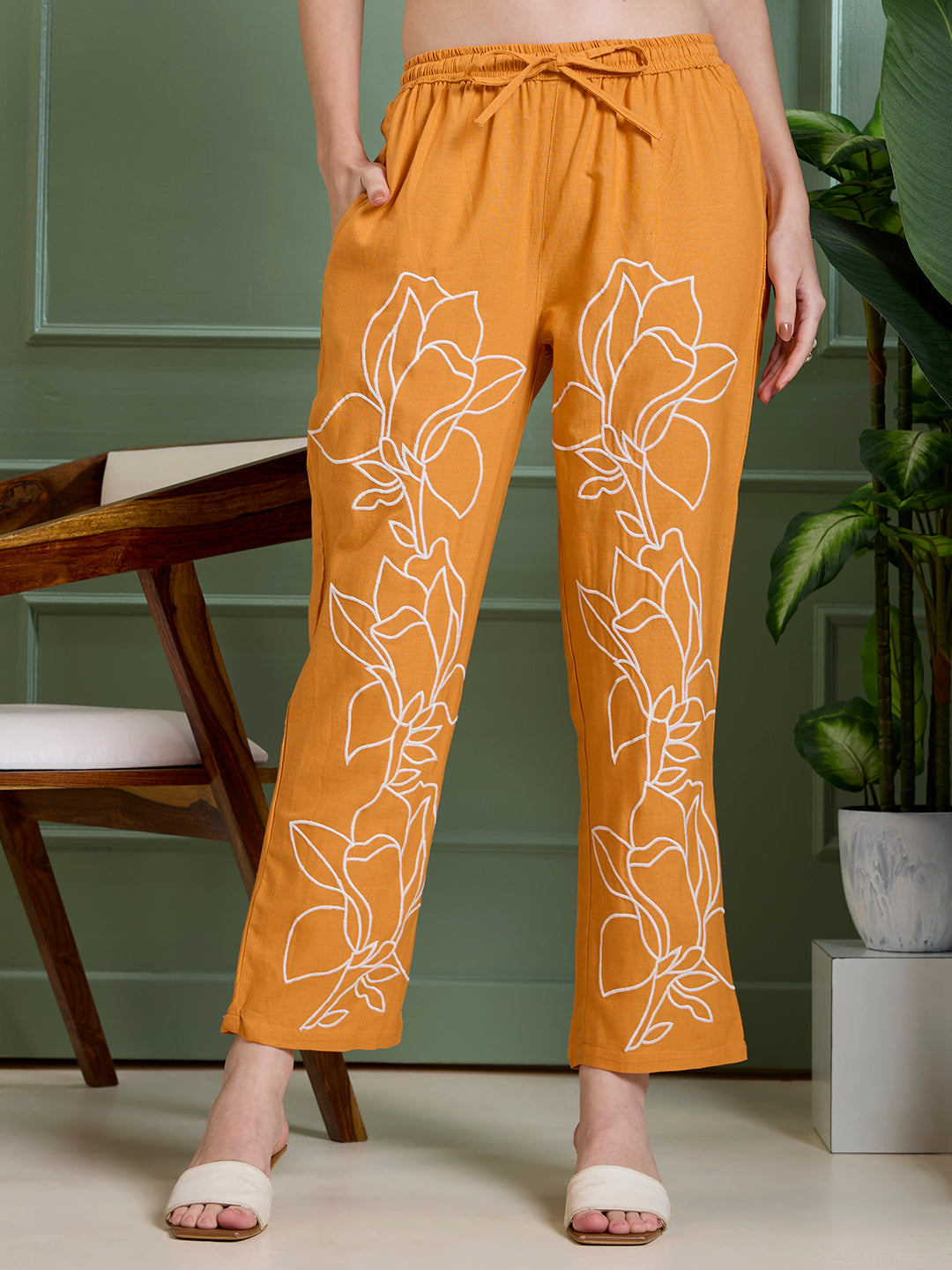Solid Floral Embroidered Straight Fit Co-ord Set - Orange