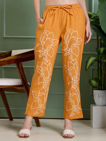 Solid Floral Embroidered Straight Fit Co-ord Set - Orange