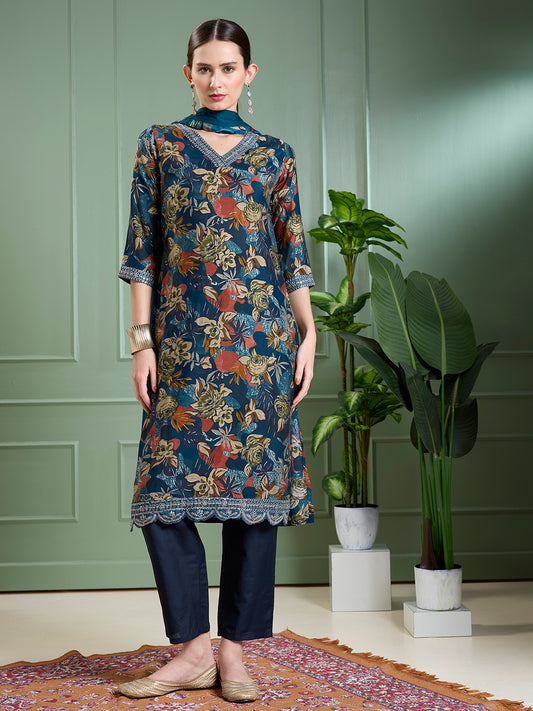 Floral Foil Printed Straight Kurta with Pant & Dupatta - Teal
