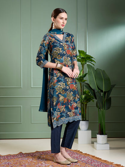 Floral Foil Printed Straight Kurta with Pant & Dupatta - Teal