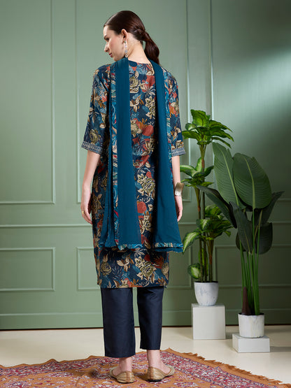 Floral Foil Printed Straight Kurta with Pant & Dupatta - Teal