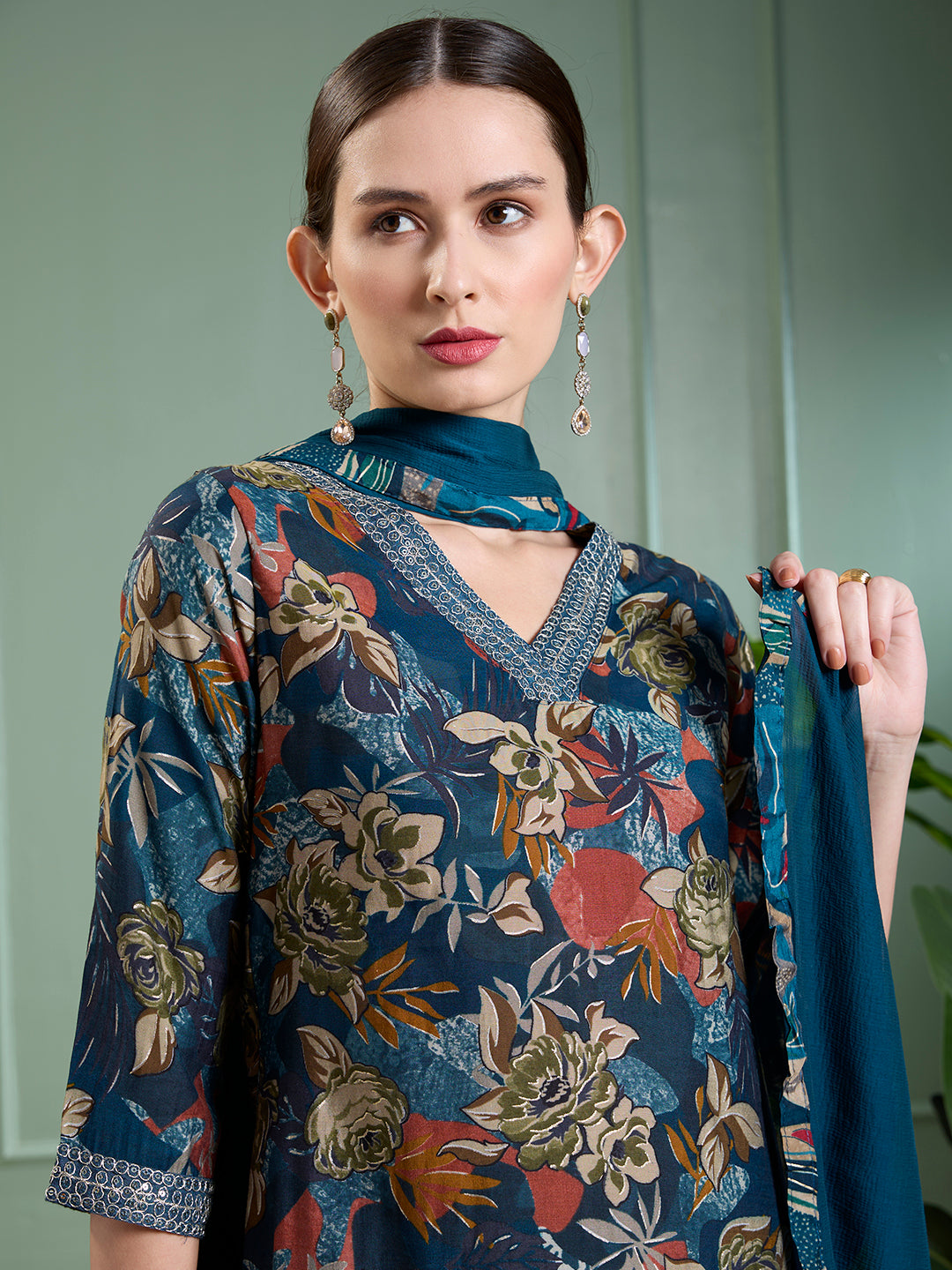 Floral Foil Printed Straight Kurta with Pant & Dupatta - Teal