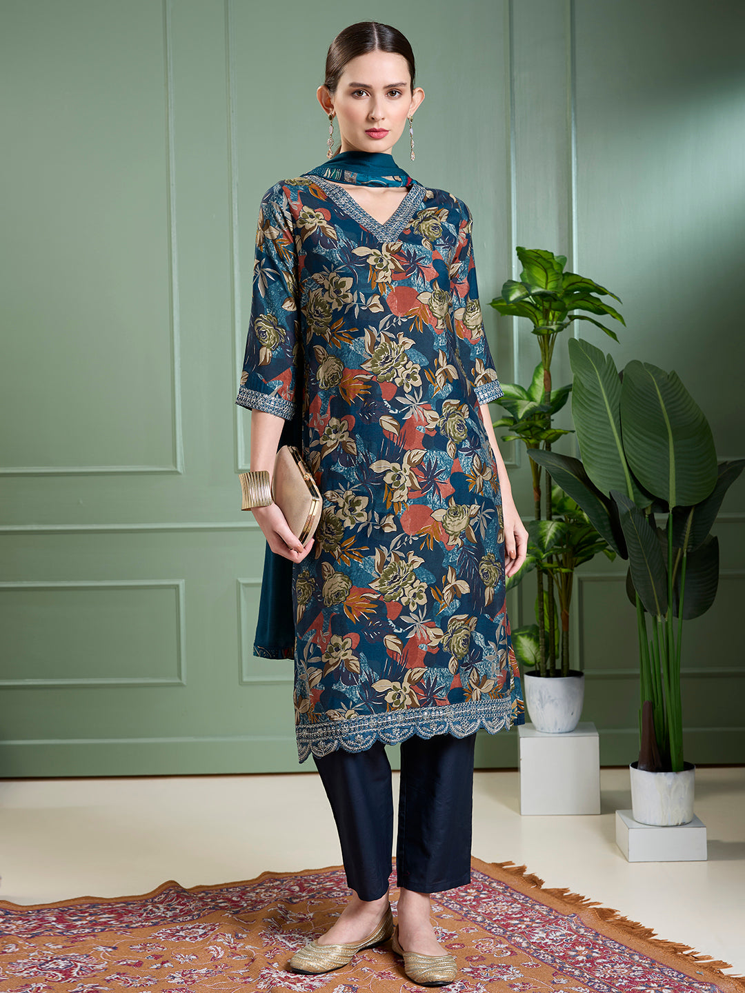 Floral Foil Printed Straight Kurta with Pant & Dupatta - Teal