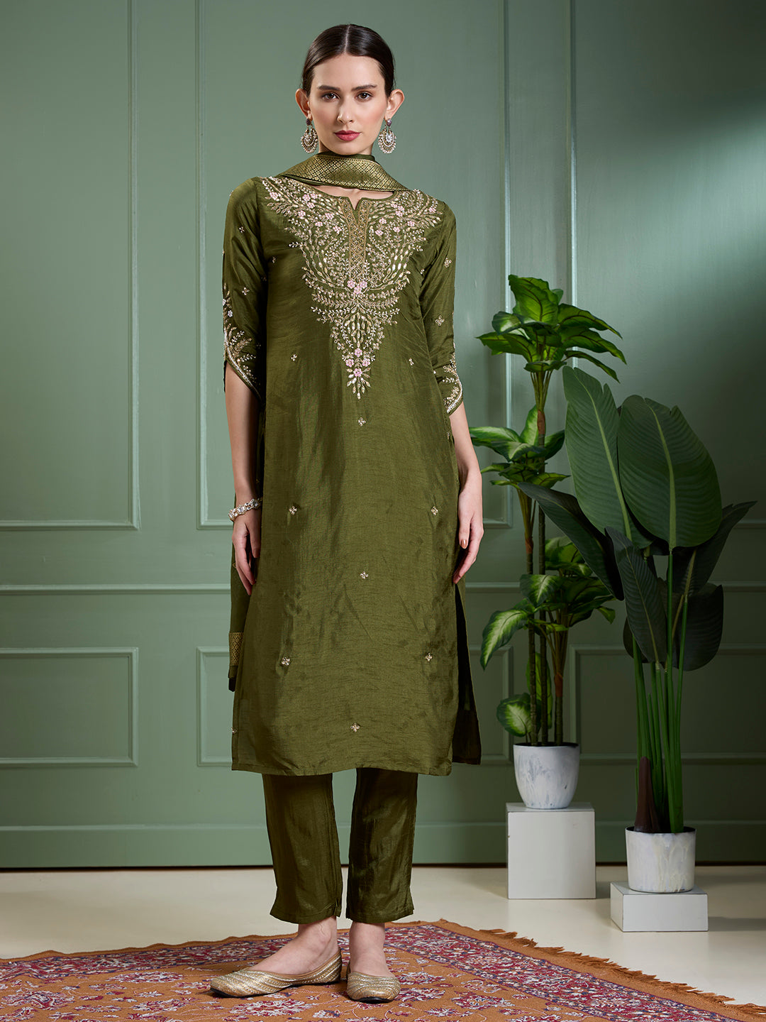 Festive & Ethnic Embroidered Straight Kurta with Pant & Dupatta - Green