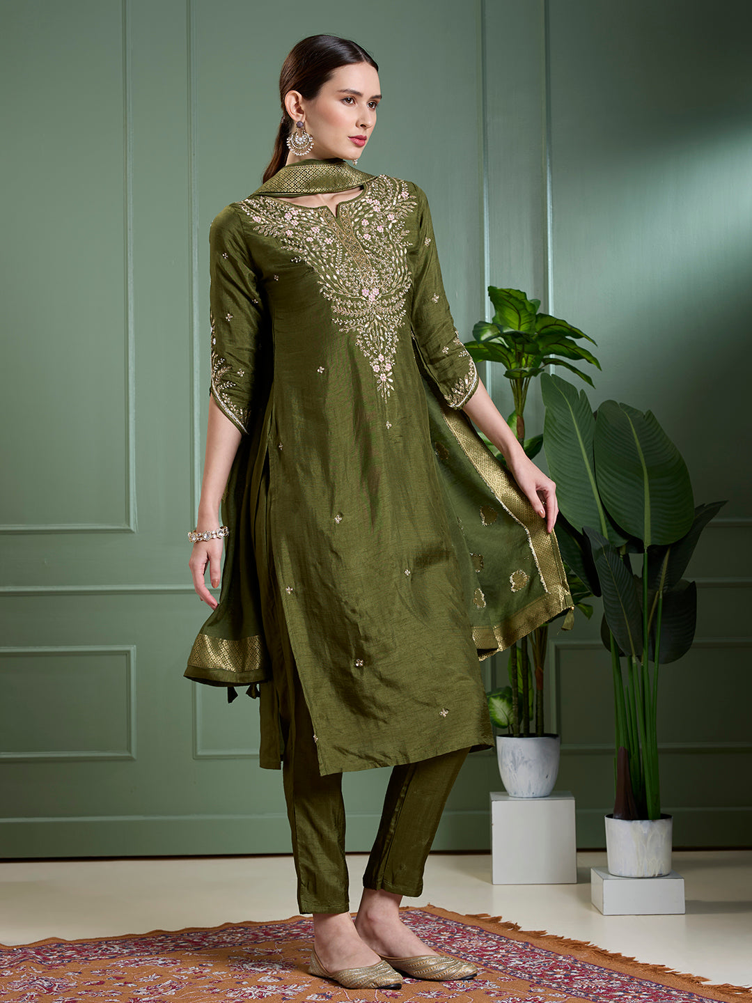 Festive & Ethnic Embroidered Straight Kurta with Pant & Dupatta - Green