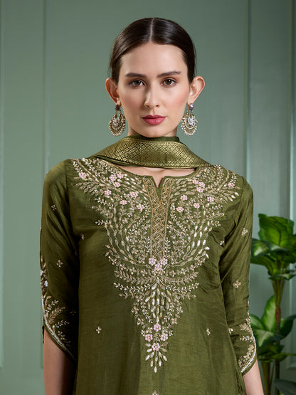 Festive & Ethnic Embroidered Straight Kurta with Pant & Dupatta - Green