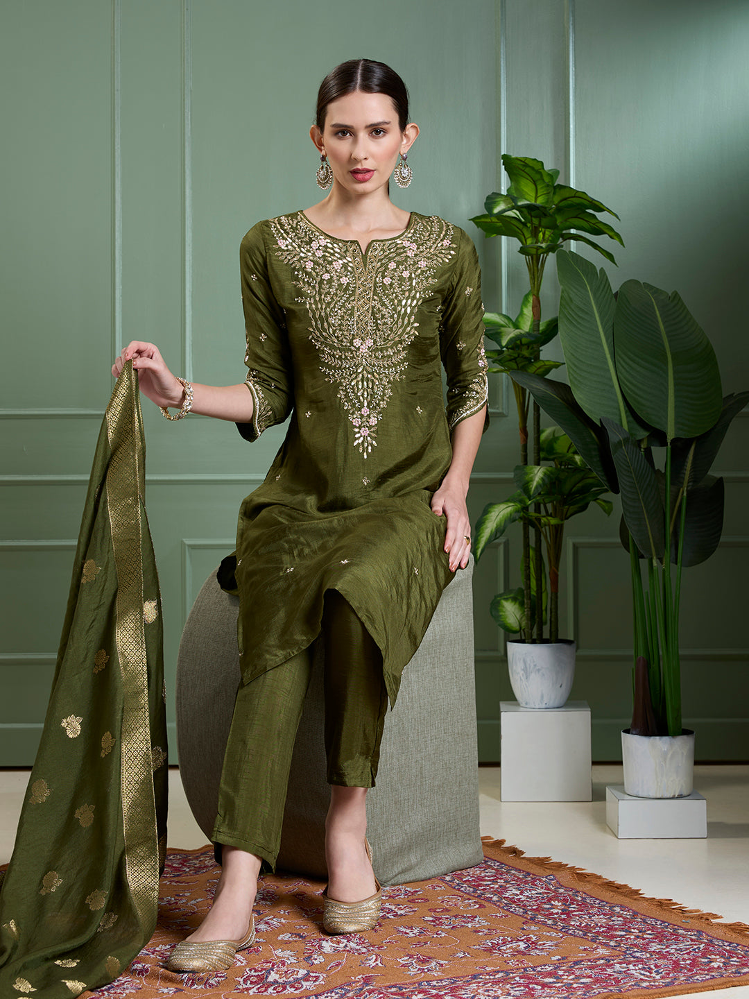 Festive & Ethnic Embroidered Straight Kurta with Pant & Dupatta - Green