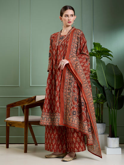 Ethnic Floral Printed & Embroidered Anarkali Kurta with Palazzo Dupatta - Rust