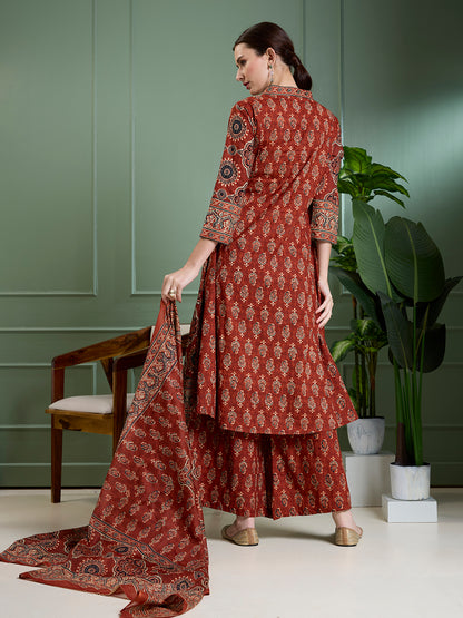 Ethnic Floral Printed & Embroidered Anarkali Kurta with Palazzo Dupatta - Rust