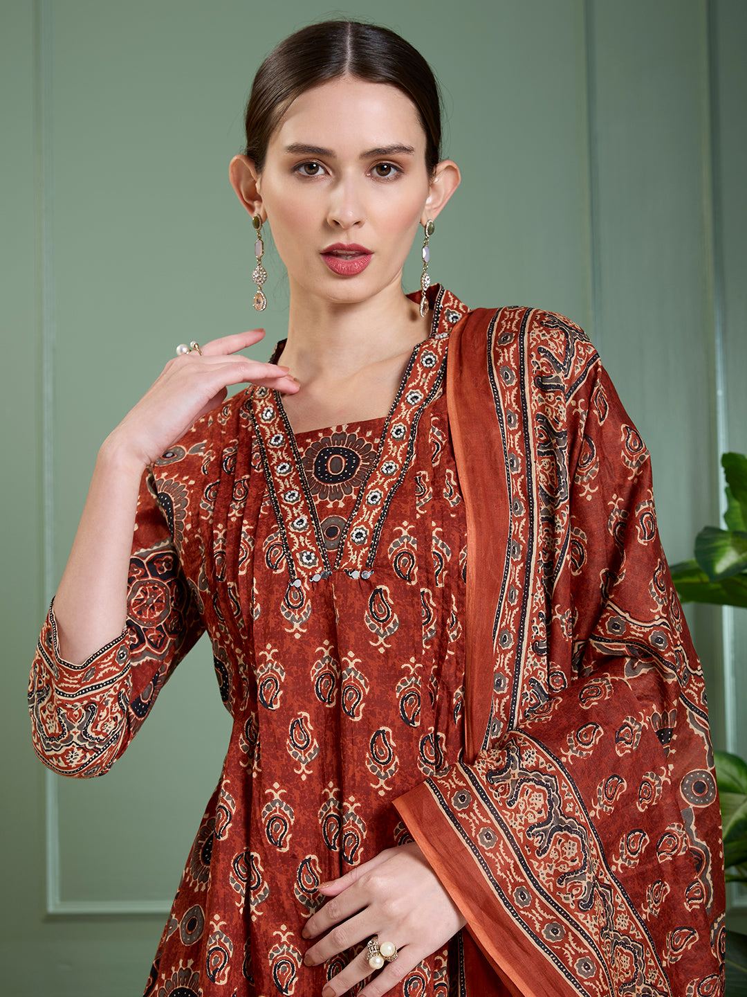 Ethnic Floral Printed & Embroidered Anarkali Kurta with Palazzo Dupatta - Rust