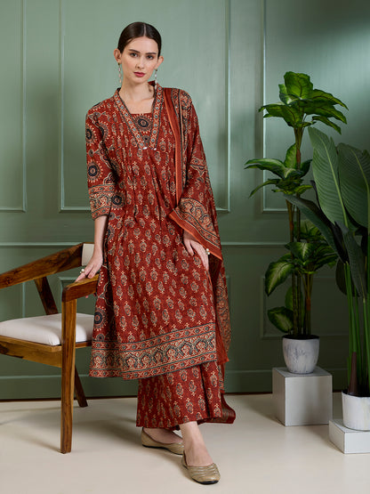Ethnic Floral Printed & Embroidered Anarkali Kurta with Palazzo Dupatta - Rust