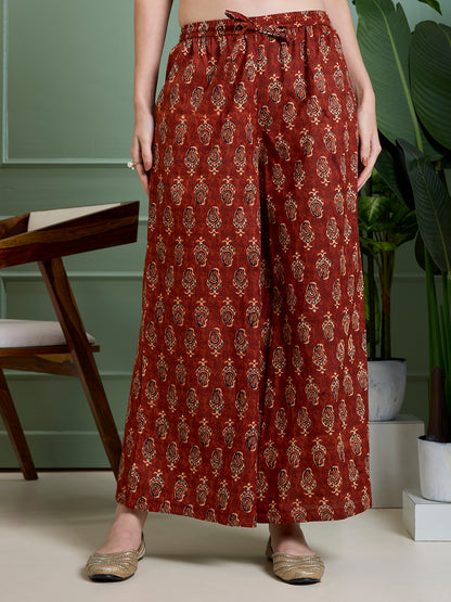 Ethnic Floral Printed & Embroidered Anarkali Kurta with Palazzo Dupatta - Rust