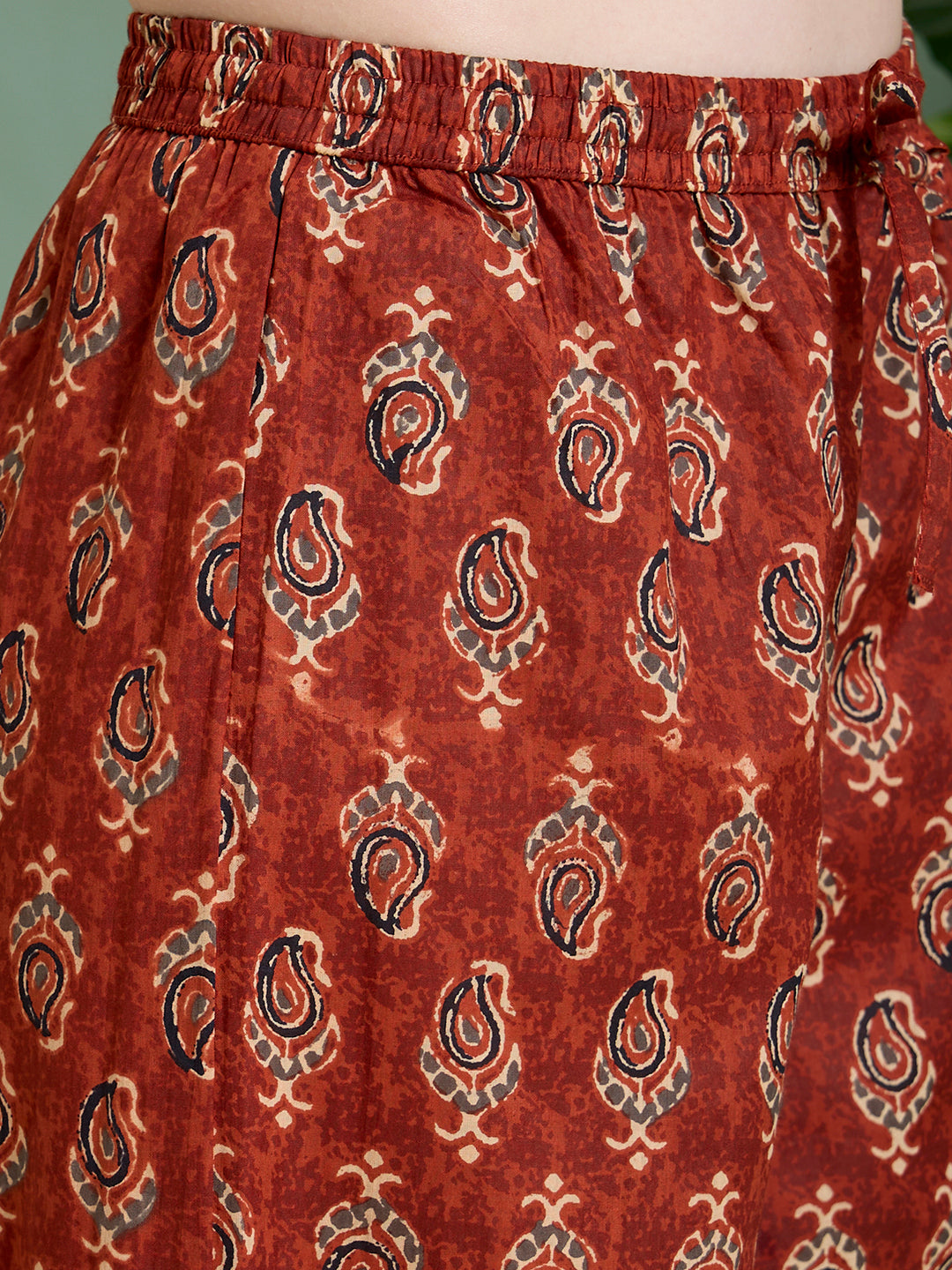 Ethnic Floral Printed & Embroidered Anarkali Kurta with Palazzo Dupatta - Rust