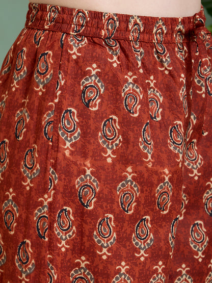 Ethnic Floral Printed & Embroidered Anarkali Kurta with Palazzo Dupatta - Rust