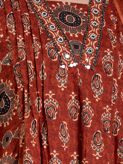 Ethnic Floral Printed & Embroidered Anarkali Kurta with Palazzo Dupatta - Rust