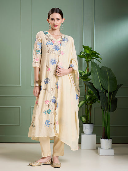 Solid Floral Embodied A-Line Kurta with Pant & Dupatta - Cream