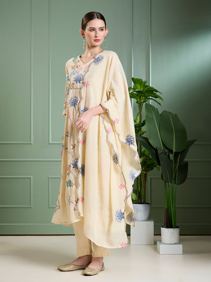Solid Floral Embodied A-Line Kurta with Pant & Dupatta - Cream
