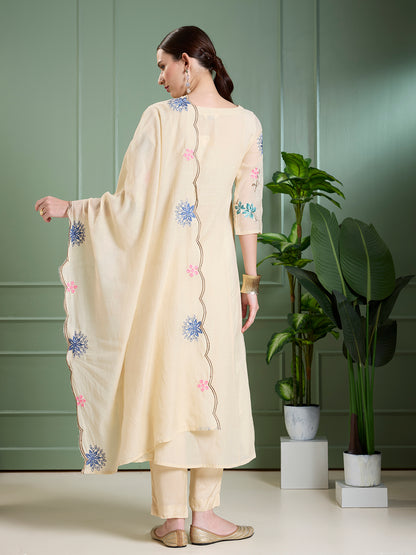 Solid Floral Embodied A-Line Kurta with Pant & Dupatta - Cream