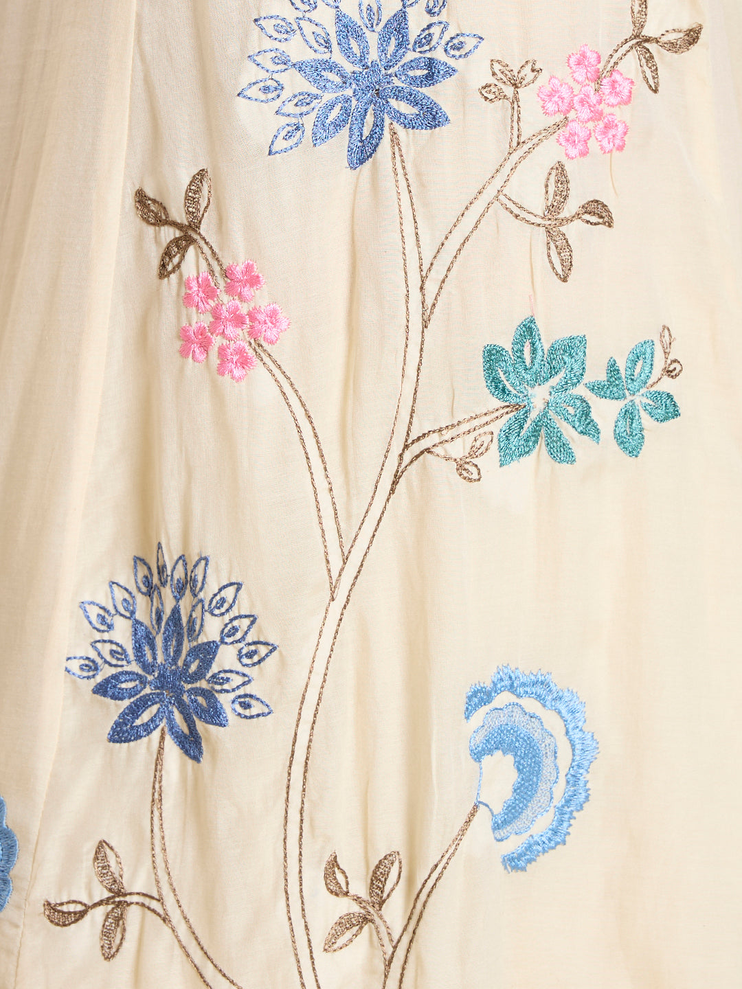 Solid Floral Embodied A-Line Kurta with Pant & Dupatta - Cream