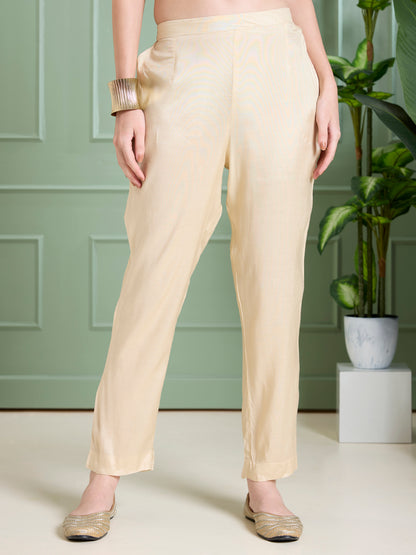 Solid Floral Embodied A-Line Kurta with Pant & Dupatta - Cream