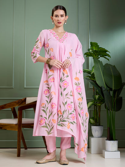 Floral Hand Painted A-Line Kurta with Pant & Dupatta - Pink