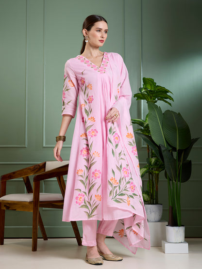 Floral Hand Painted A-Line Kurta with Pant & Dupatta - Pink