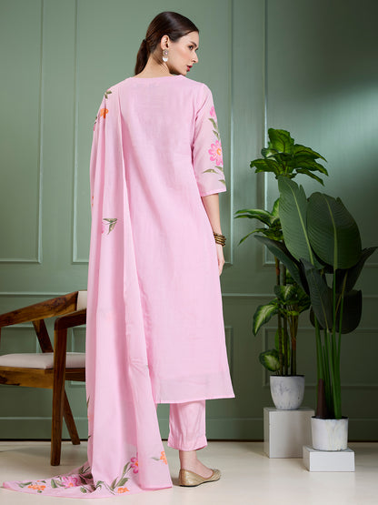 Floral Hand Painted A-Line Kurta with Pant & Dupatta - Pink