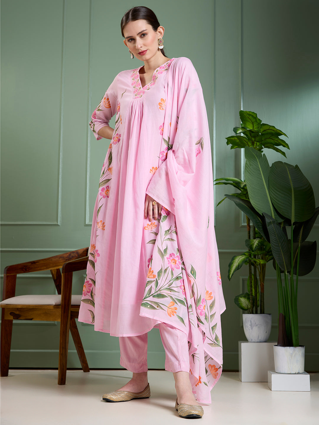 Floral Hand Painted A-Line Kurta with Pant & Dupatta - Pink
