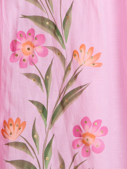 Floral Hand Painted A-Line Kurta with Pant & Dupatta - Pink