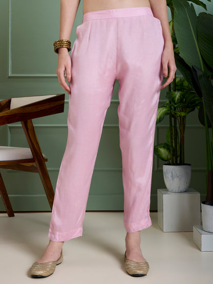 Floral Hand Painted A-Line Kurta with Pant & Dupatta - Pink