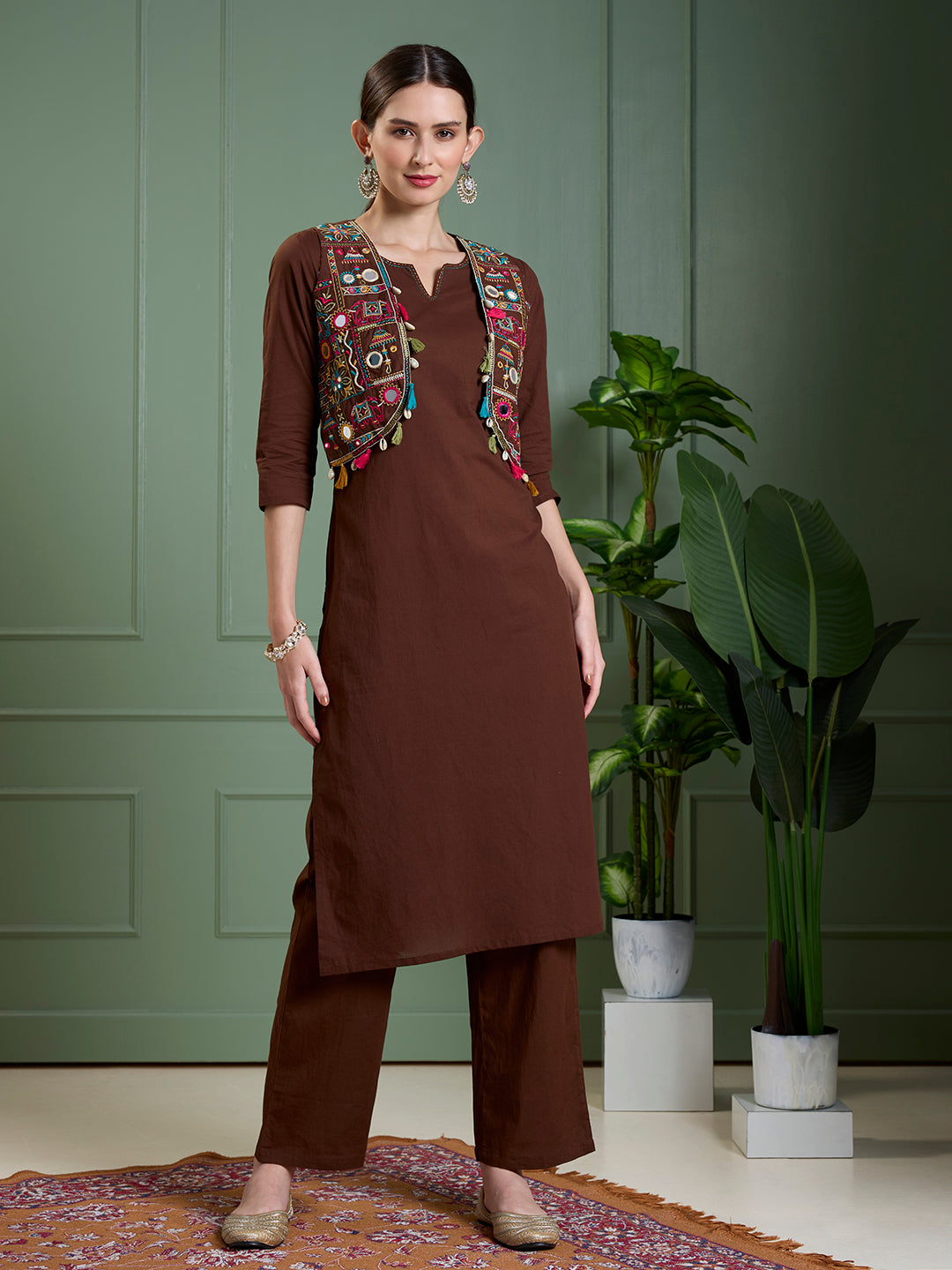 Solid Straight Fit Cotton Kurta with Pant & Mirror Work Sleeveless Jacket - Brown
