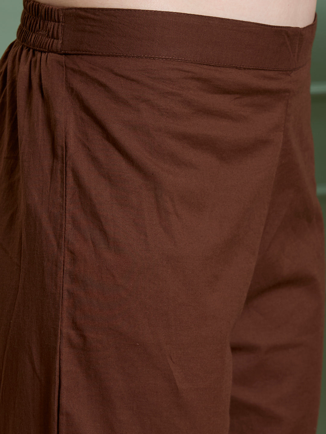 Solid Straight Fit Cotton Kurta with Pant & Mirror Work Sleeveless Jacket - Brown