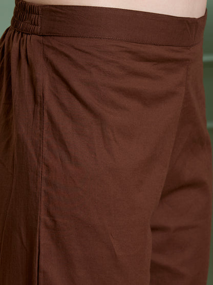 Solid Straight Fit Cotton Kurta with Pant & Mirror Work Sleeveless Jacket - Brown