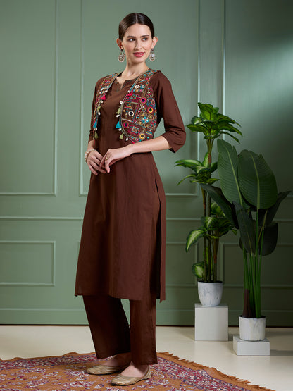 Solid Straight Fit Cotton Kurta with Pant & Mirror Work Sleeveless Jacket - Brown