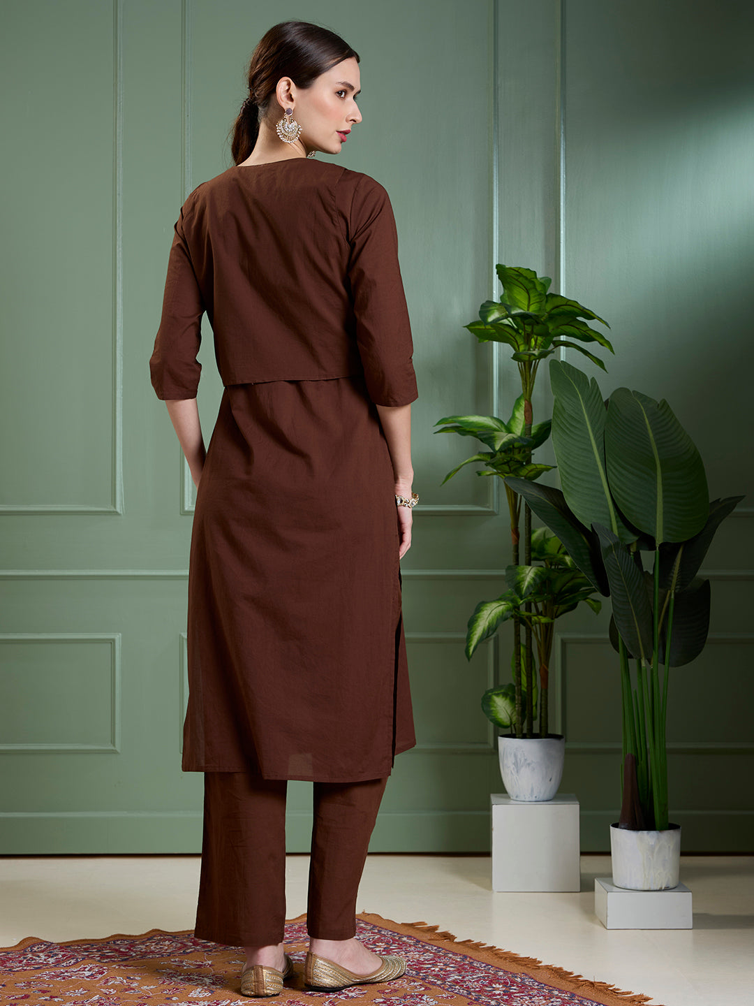 Solid Straight Fit Cotton Kurta with Pant & Mirror Work Sleeveless Jacket - Brown