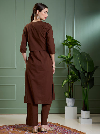 Solid Straight Fit Cotton Kurta with Pant & Mirror Work Sleeveless Jacket - Brown