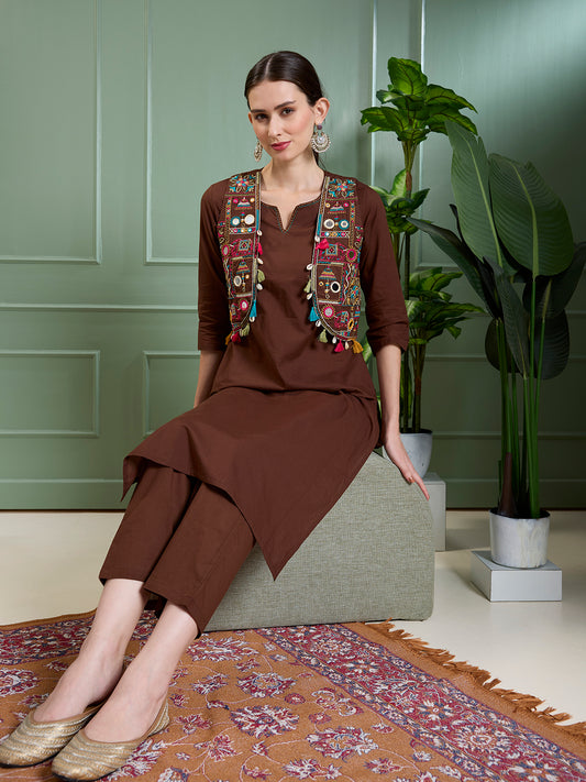 Solid Straight Fit Cotton Kurta with Pant & Mirror Work Sleeveless Jacket - Brown