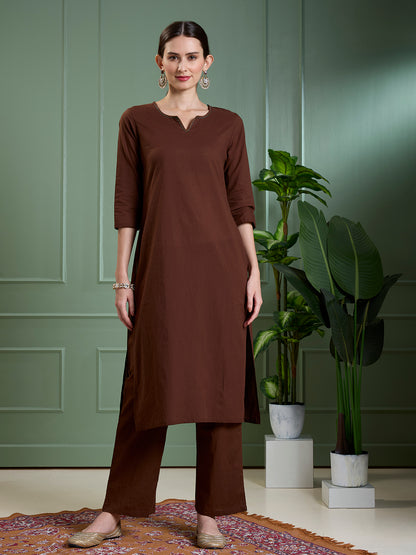 Solid Straight Fit Cotton Kurta with Pant & Mirror Work Sleeveless Jacket - Brown